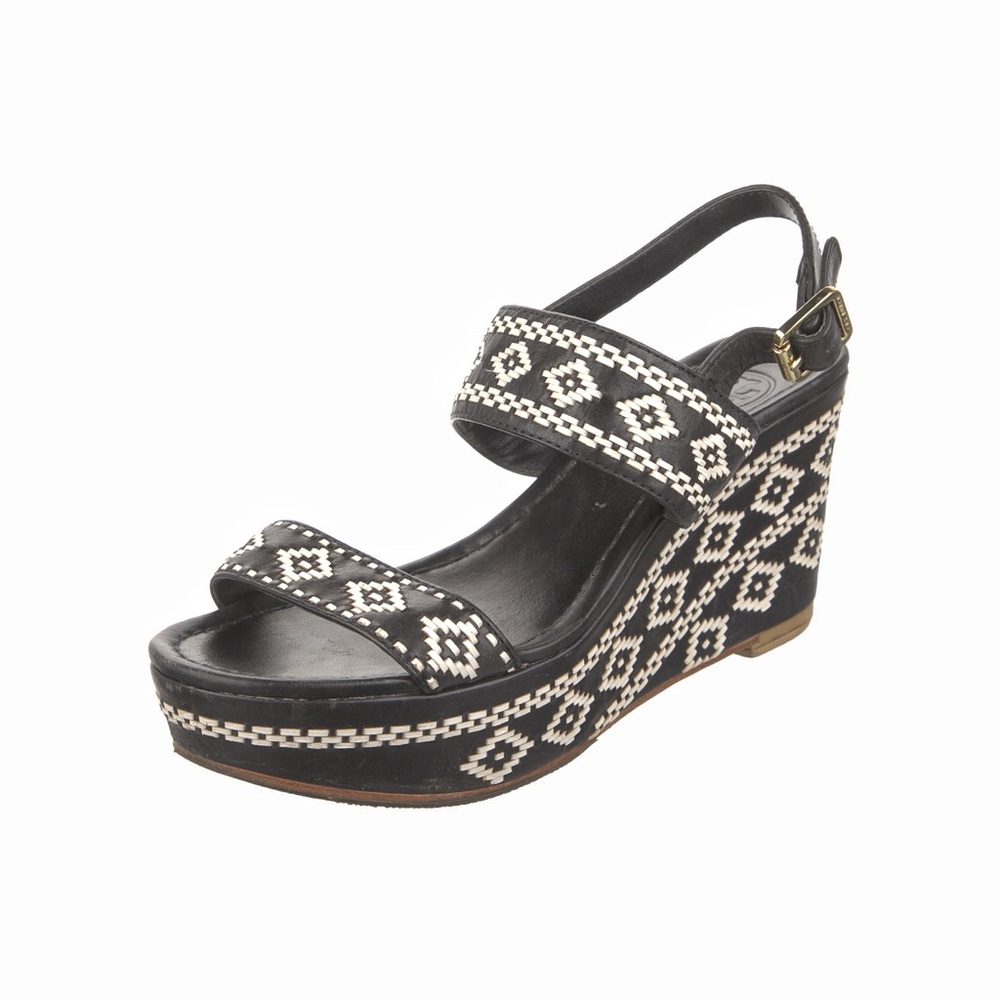 Tory Burch Black Leather Aztec Embroidered Reena Tribal Sandals Size 6